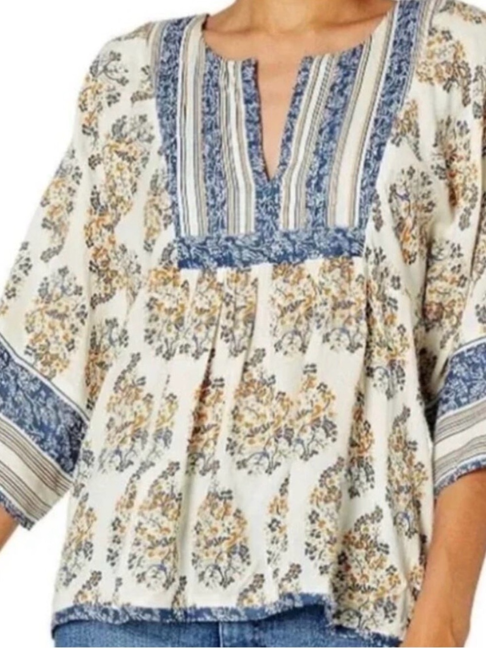 Lucky Brand Top Boho Floral Paisley Cream Blue Small